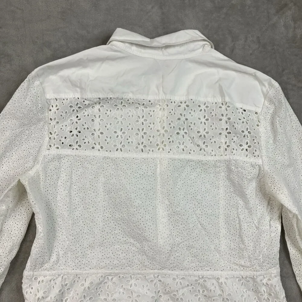 Tory Burch Shirt Dress Womens 12 White Cotton Eyelet Lace Bell Sleeve Vacation